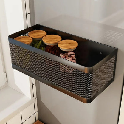 étagère murale cuisine panier noir grand format contenant plusieurs bocaux