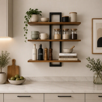 étagère murale cuisine trois niveaux design industriel rangement optimisant espace