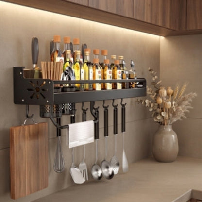 etagère murale pour cuisine avec flacons d'huile et louches