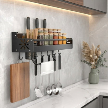 etagère murale pour cuisine avec un porte-ustensiles et barre 