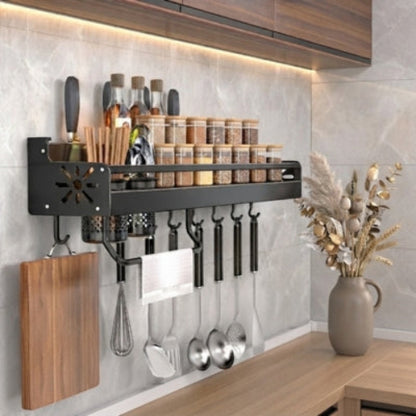 etagère murale pour cuisine noire acier avec crochets porte-ustensiles