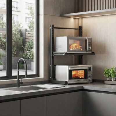 etagere pour micro onde noire au mur dans cuisine moderne