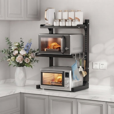 etagere pour micro onde trois niveaux noire sur plan travail