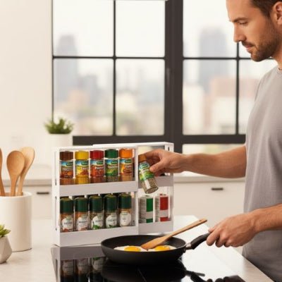 Homme utilise des étagères à épices rotatives cuisinant des œufs