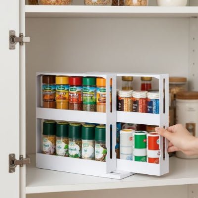 Étagères à épices bien rangées à intérieur placard de cuisine