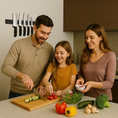 famille prépare souper heureux porte couteaux