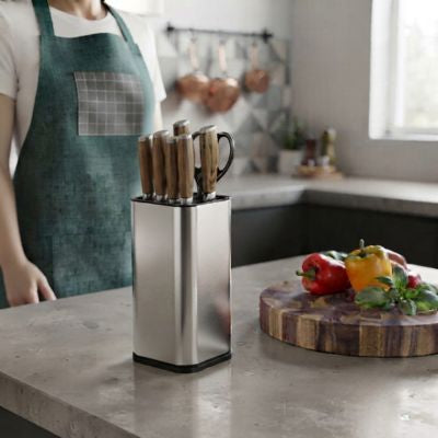 femme avec tablier portes couteaux planche légumes sur plan travail