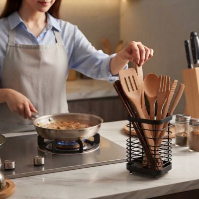 femme cuisine soulève spatule porte ustensiles cuisine noir acier inoxydable