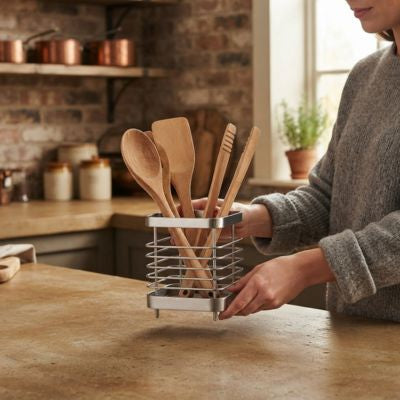 femme dépose porte ustensiles cuisine acier inoxydable quatre pieds