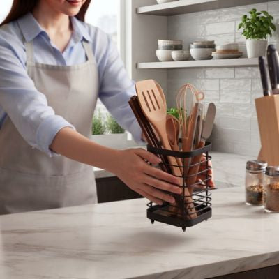 femme en tablier présentant un porte ustensiles cuisine grille noir