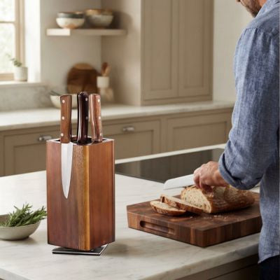 homme découpe pain sur planche porte couteaux cuisine proche