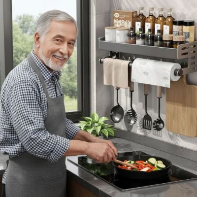homme souriant cuisinant près etagere murale cuisine organisant parfaitement condiments