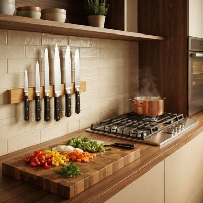 légumes sur planche barre aimantée pour couteaux au mur