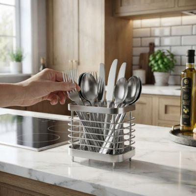 main attrapant fourchette dans porte ustensiles cuisine acier complet
