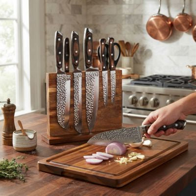 main découpe oignon sur planche porte couteau rend couteaux disponibles