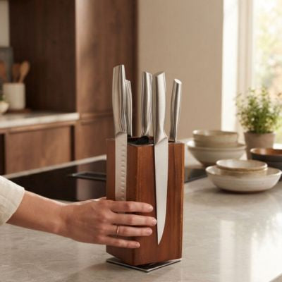 main dépose porte couteaux cuisine sur plan tavail rend décoration