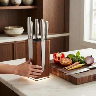 main dépose un beau porte couteaux cuisine sur plan travail