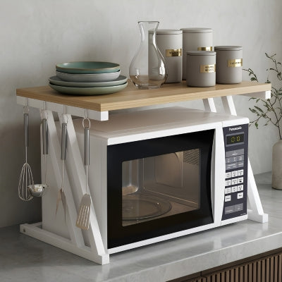 micro onde etagere forme Z acier plateau bois dessus pots