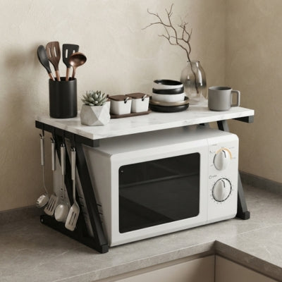 micro onde etagere structure noire plateau bois blanc marbré