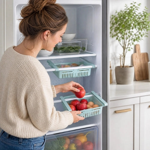 panier coulissant cuisine amovible dans les mains d’une femme