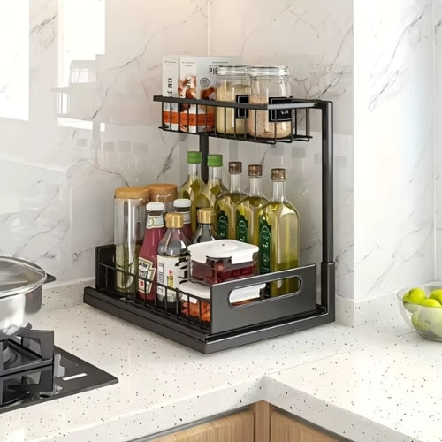 panier coulissant pour cuisine noir contre un mur sur comptoir