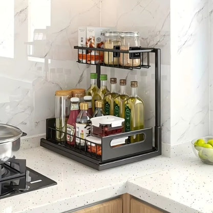 panier coulissant pour cuisine noir contre un mur sur comptoir