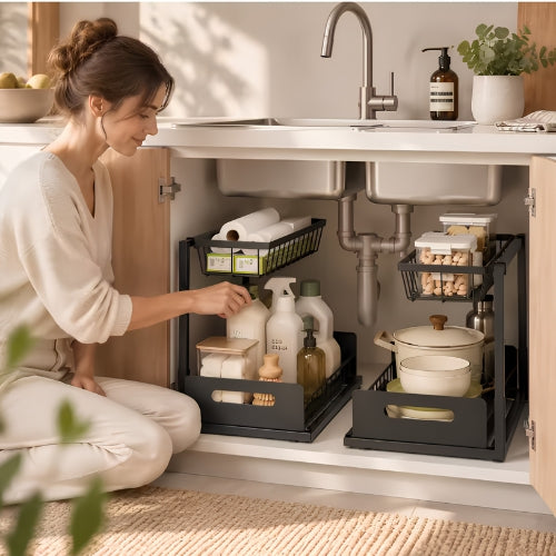 panier coulissant pour cuisine utilisé comme rangement sous évier