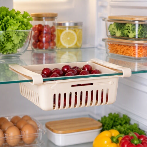 panier cuisine coulissant style beige fixé sur l’étagère frigo