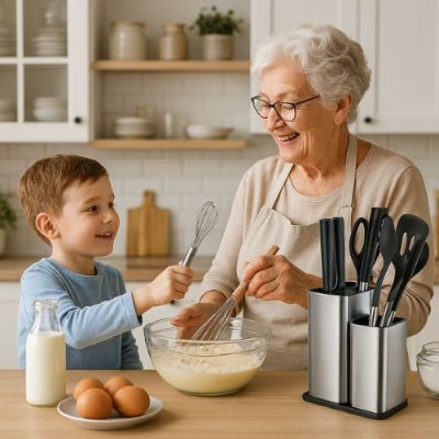 grand mère fait gateau avec petit fils fouet porte couteau