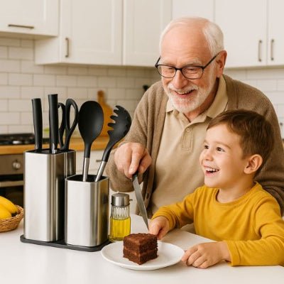 grand père petit fils prend couteau porte couteau découpe gateau