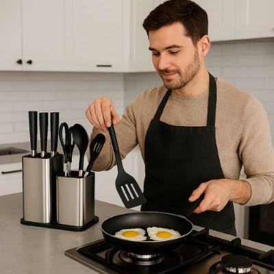 monsieur prend spatule porte couteau cuisine œufs