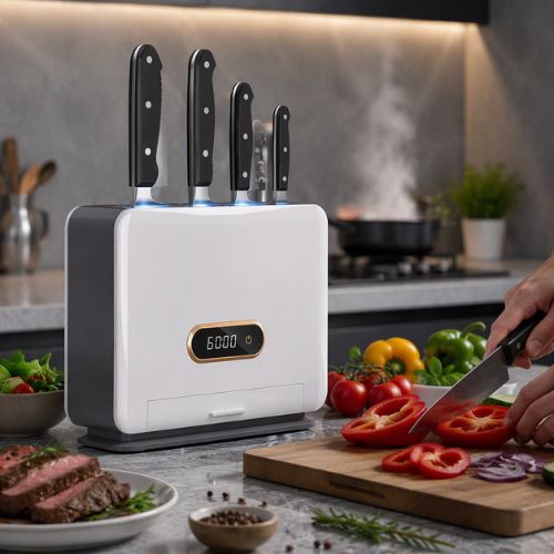 porte couteaux cuisine blanc accompagnant la découpe de légumes frais