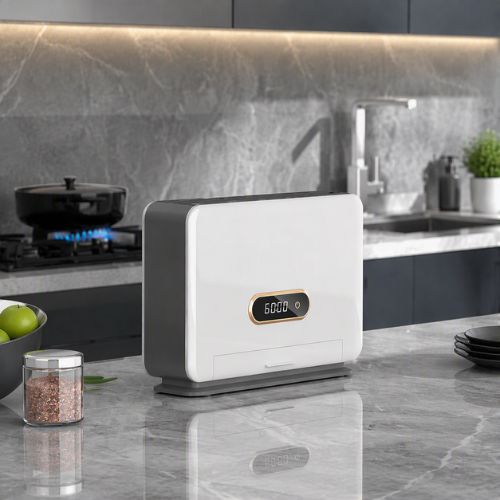 porte couteaux cuisine blanc avec écran numérique dans décor contemporain