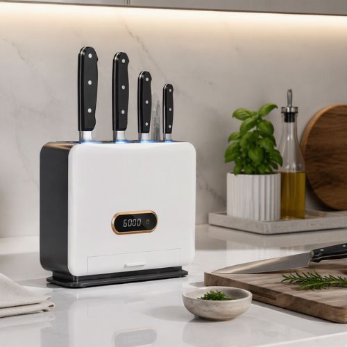 porte couteaux cuisine bloc à écran à côté d'un pot