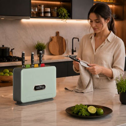 porte couteaux cuisine près d'une femme essuyant un couteau