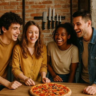 amis autour pizza rient porte couteaux au mur