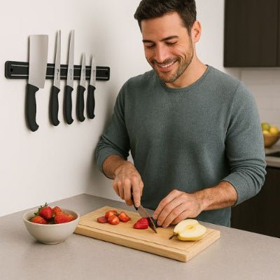 homme découpe fruits porte couteaux