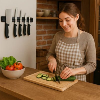 femme cuisine souriante porte couteaux