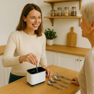 femme sourit range couverts dans porte couvert