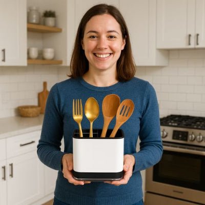 porte couvert dans mains jeune femme cuisine moderne