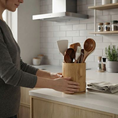 porte ustensiles cuisine bois naturel dame le pose sur comptoir