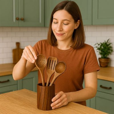 fille met cuillère bois dans pot à ustensiles cuisine bois