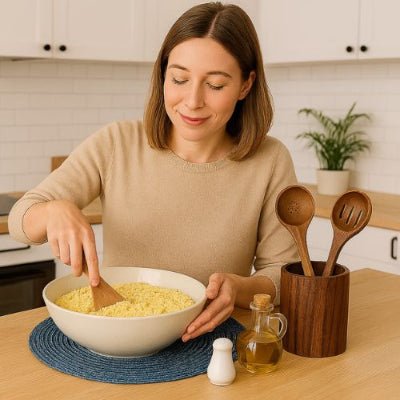 dame mélange couscous pot à ustensiles bois proche