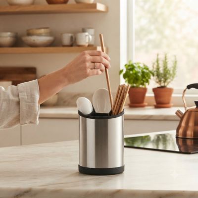 pot à ustensiles cuisine style baril inox base ouverture plastique