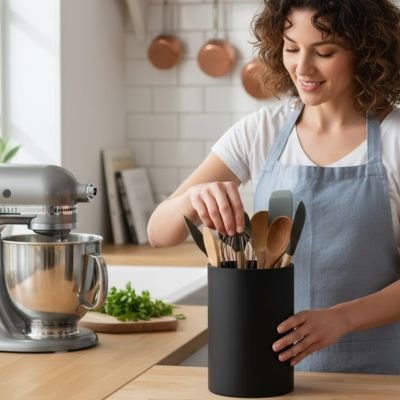 pot ustensiles cuisine dame souriante prend un ustensile du pot