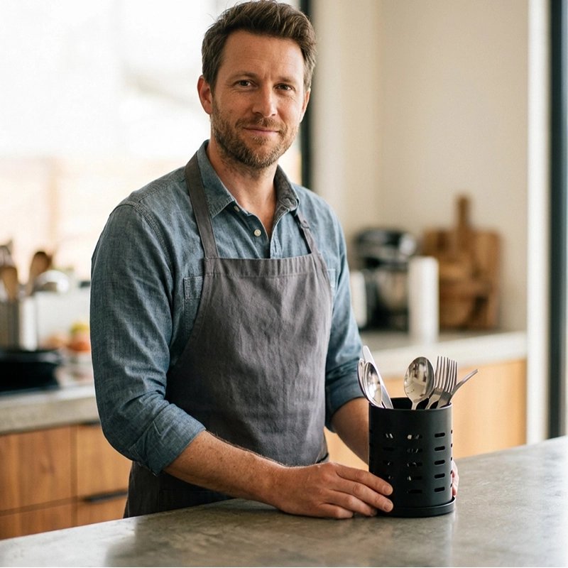 pot ustensiles cuisine homme souriant le tient dans ses mains