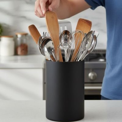 pot ustensiles cuisine main homme prend spatule du pot 