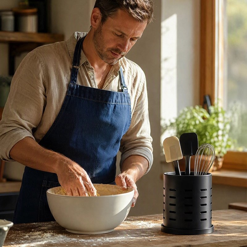 pot ustensiles cuisine proche d'un homme cuisinant