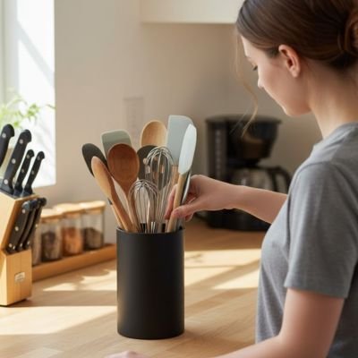 pot ustensiles cuisine sur comptoir une femme prend une spatule