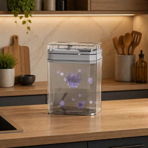 poubelle cuisine transparente avec illustration de filtration anti-odeur